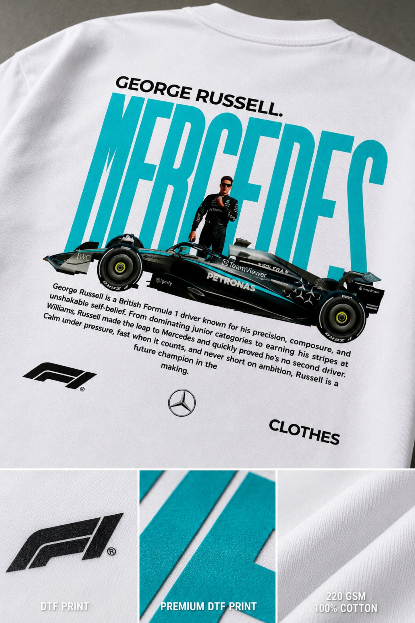 Model wearing white POPCASE George Russell Mercedes oversized t shirt with star logo on chest and teal MERCEDES race car back graphic