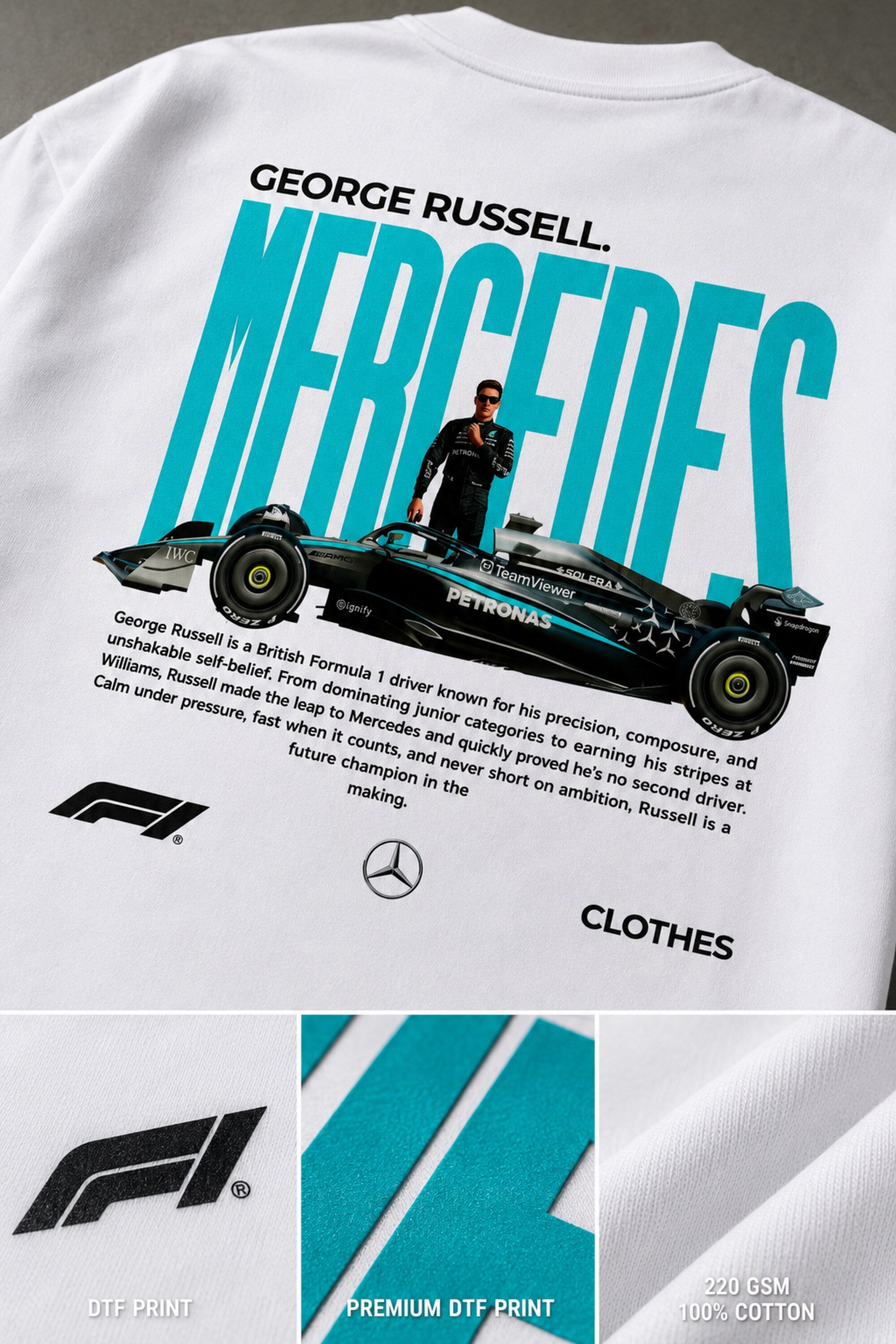 Model wearing white POPCASE George Russell Mercedes oversized t shirt with star logo on chest and teal MERCEDES race car back graphic