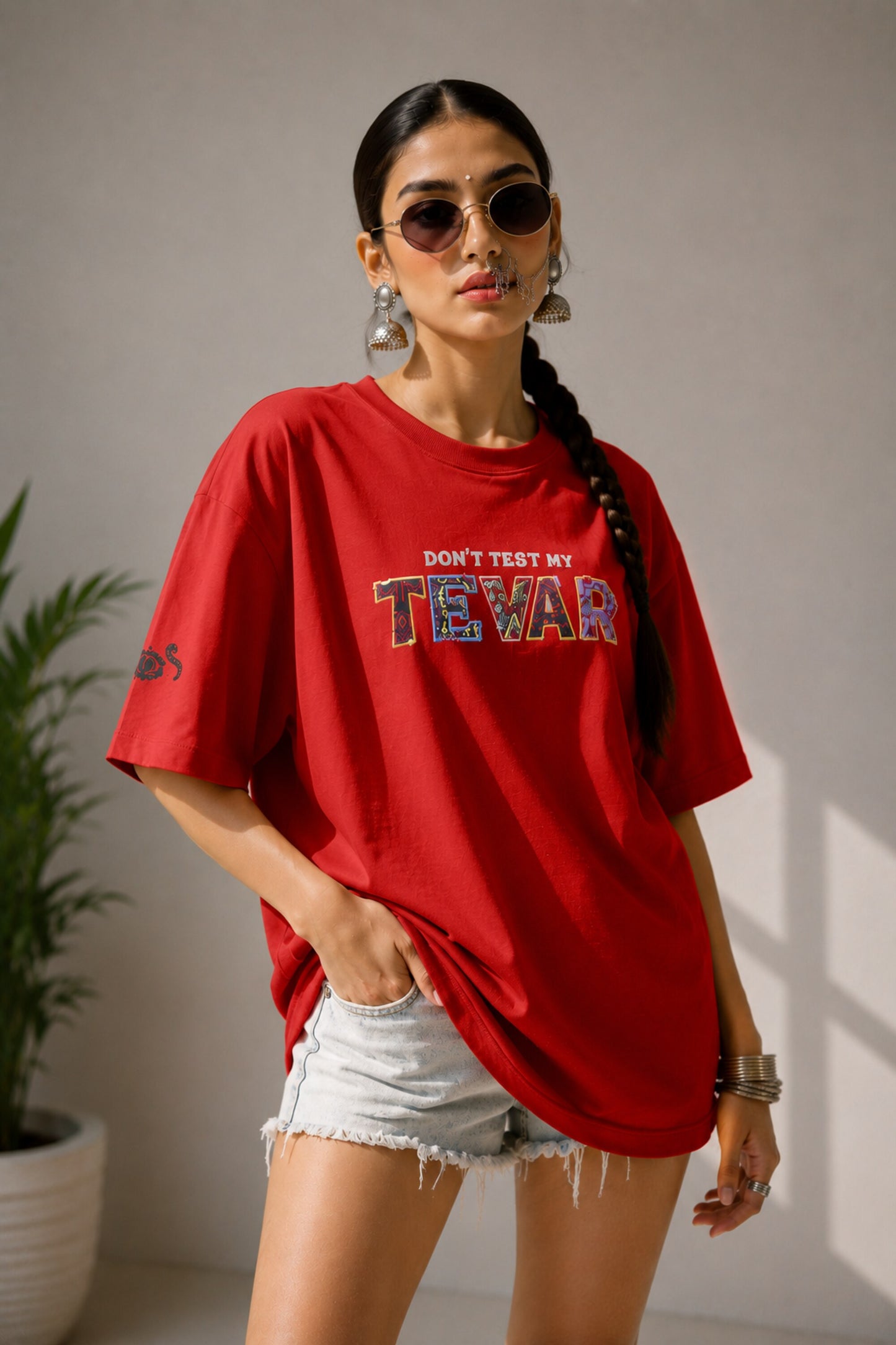 POPCASE beige oversized t shirt Dont Test My Tevar folk art colorful ornate lettering 220 GSM premium cotton DTF graphic desi streetwear tshirt - red