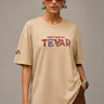 POPCASE beige oversized t shirt Dont Test My Tevar folk art colorful ornate lettering 220 GSM premium cotton DTF graphic desi streetwear tshirt - beige