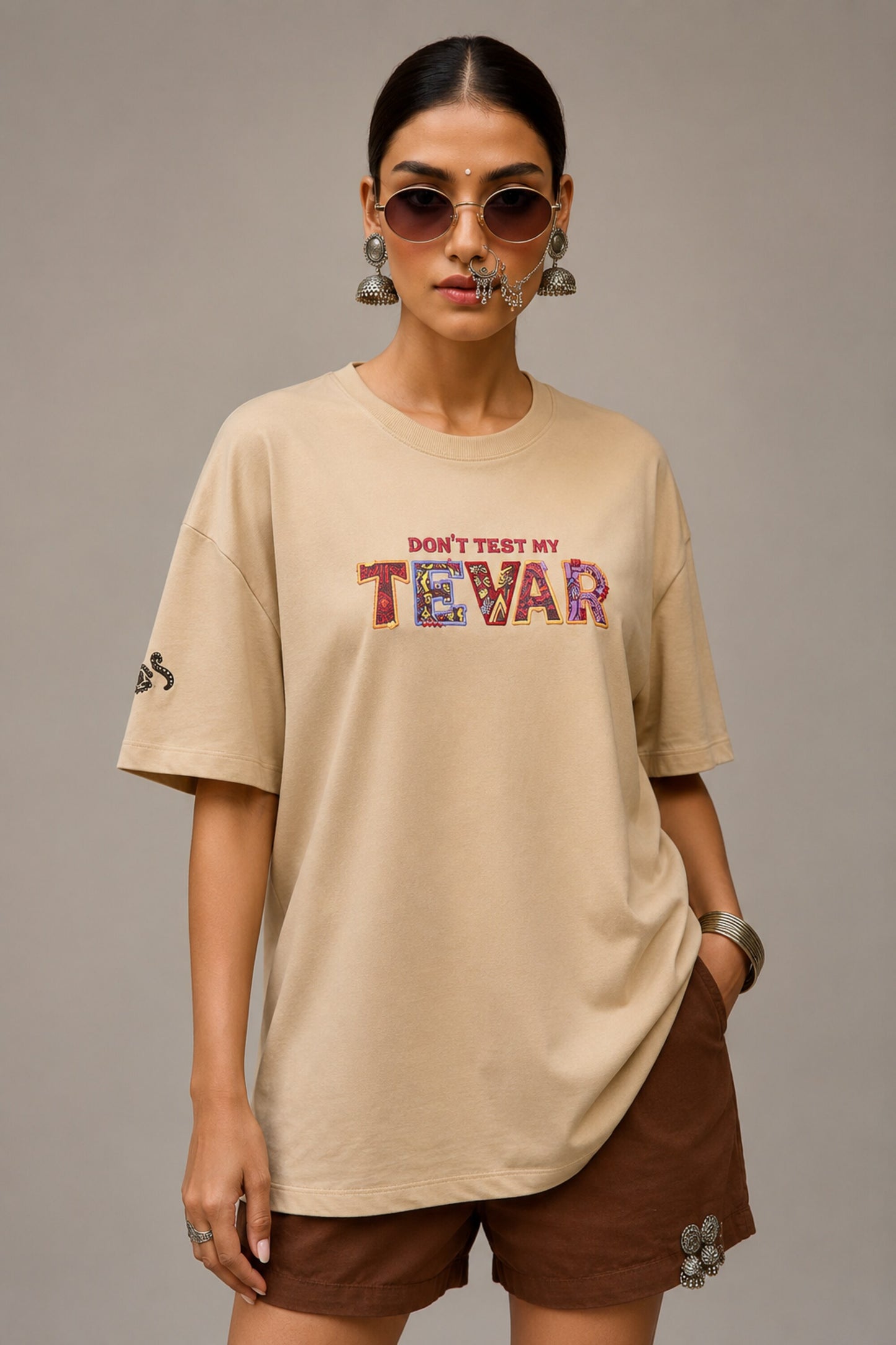 POPCASE beige oversized t shirt Dont Test My Tevar folk art colorful ornate lettering 220 GSM premium cotton DTF graphic desi streetwear tshirt - beige