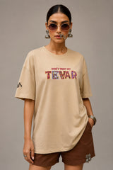 POPCASE beige oversized t shirt Dont Test My Tevar folk art colorful ornate lettering 220 GSM premium cotton DTF graphic desi streetwear tshirt - beige