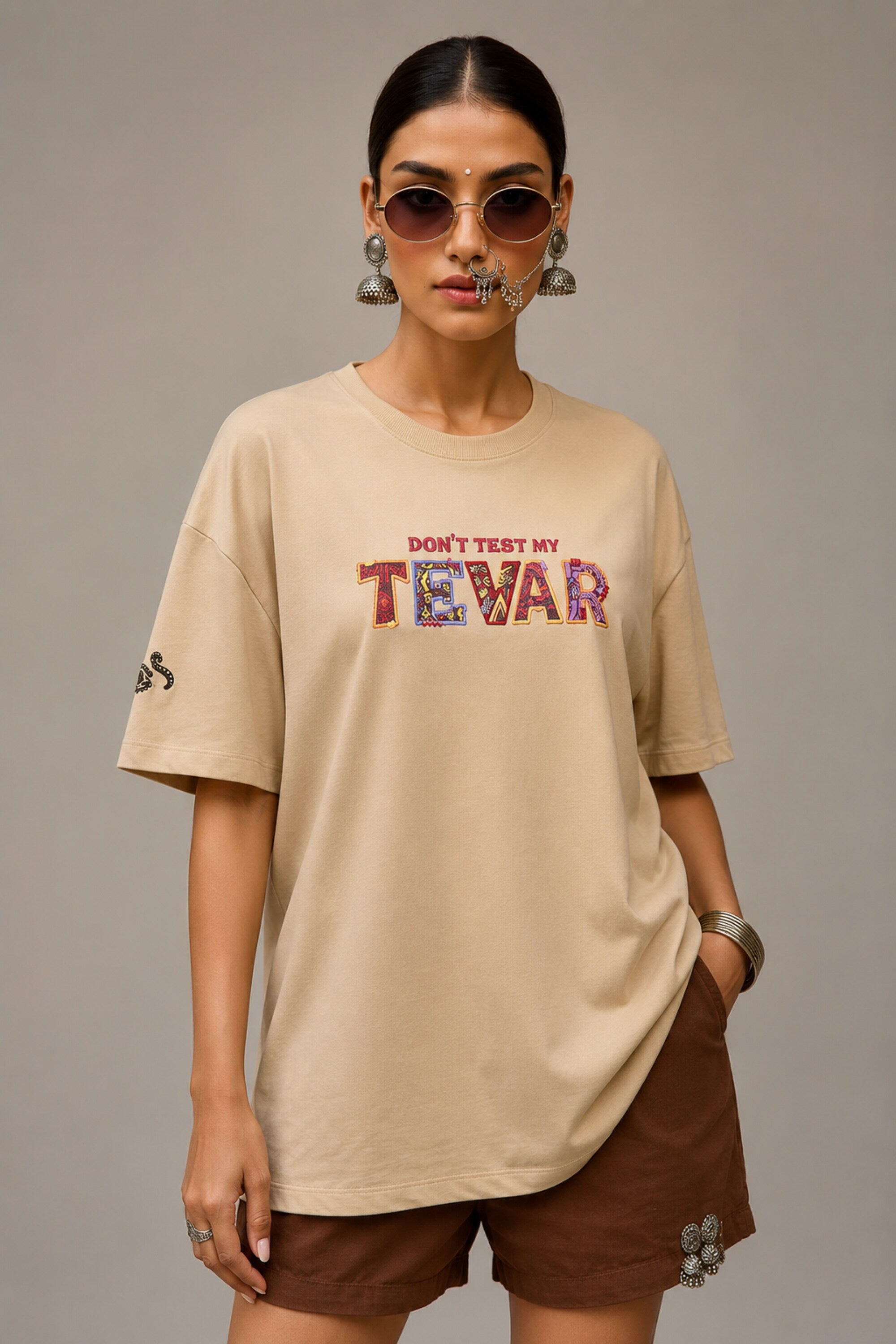POPCASE beige oversized t shirt Dont Test My Tevar folk art colorful ornate lettering 220 GSM premium cotton DTF graphic desi streetwear tshirt - beige