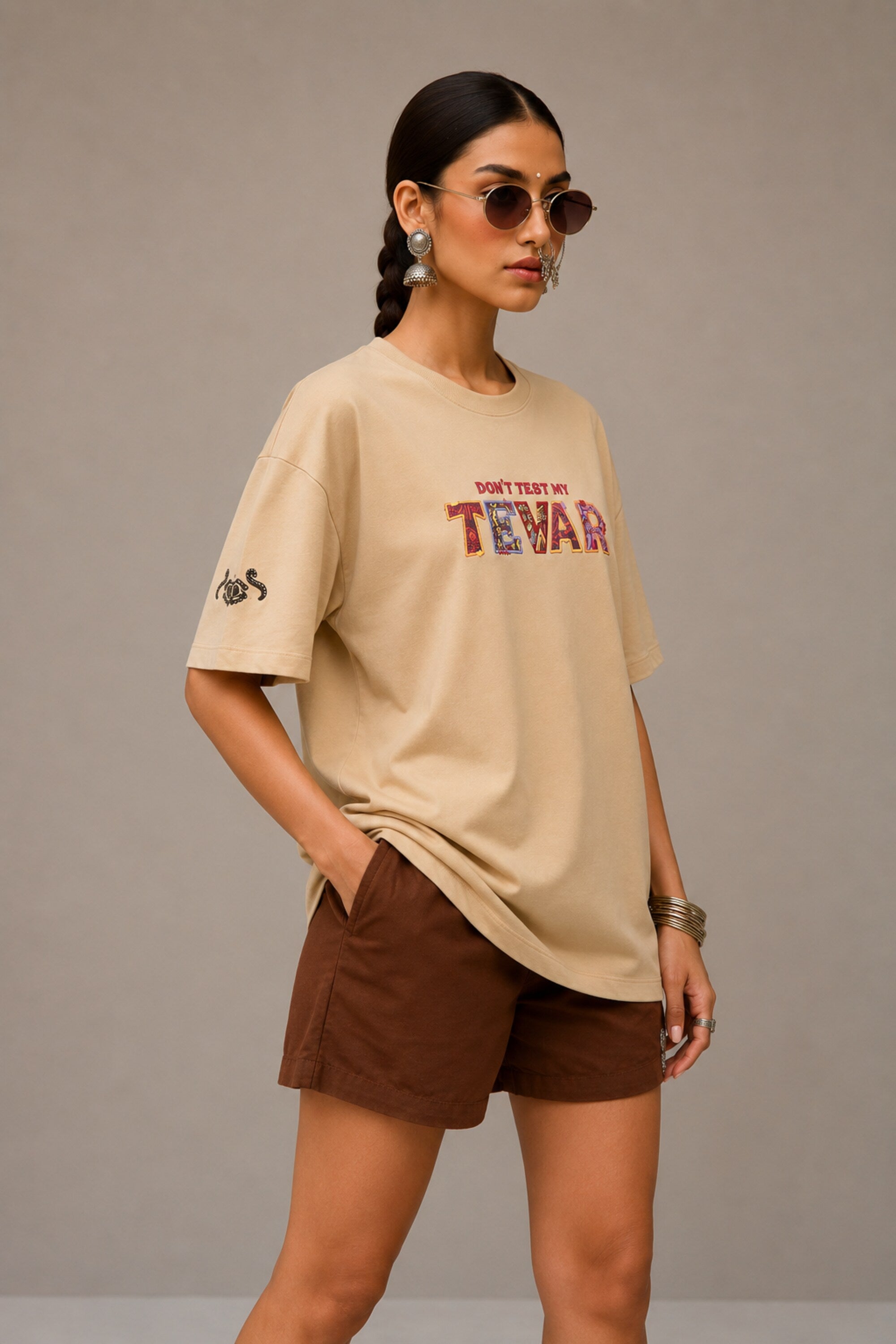 POPCASE beige oversized t shirt Dont Test My Tevar folk art colorful ornate lettering 220 GSM premium cotton DTF graphic desi streetwear tshirt