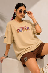 POPCASE beige oversized t shirt Dont Test My Tevar folk art colorful ornate lettering 220 GSM premium cotton DTF graphic desi streetwear tshirt