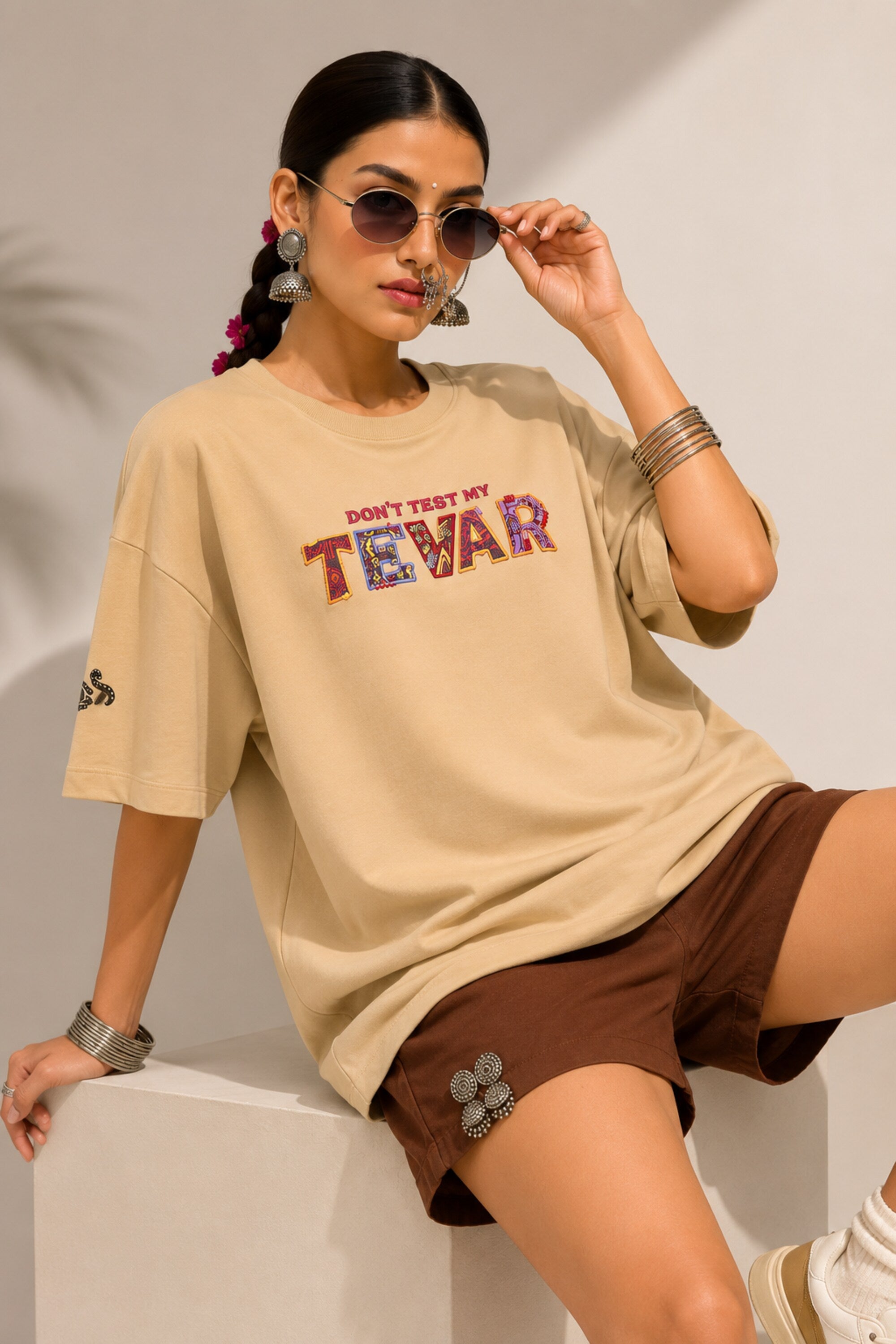 POPCASE beige oversized t shirt Dont Test My Tevar folk art colorful ornate lettering 220 GSM premium cotton DTF graphic desi streetwear tshirt