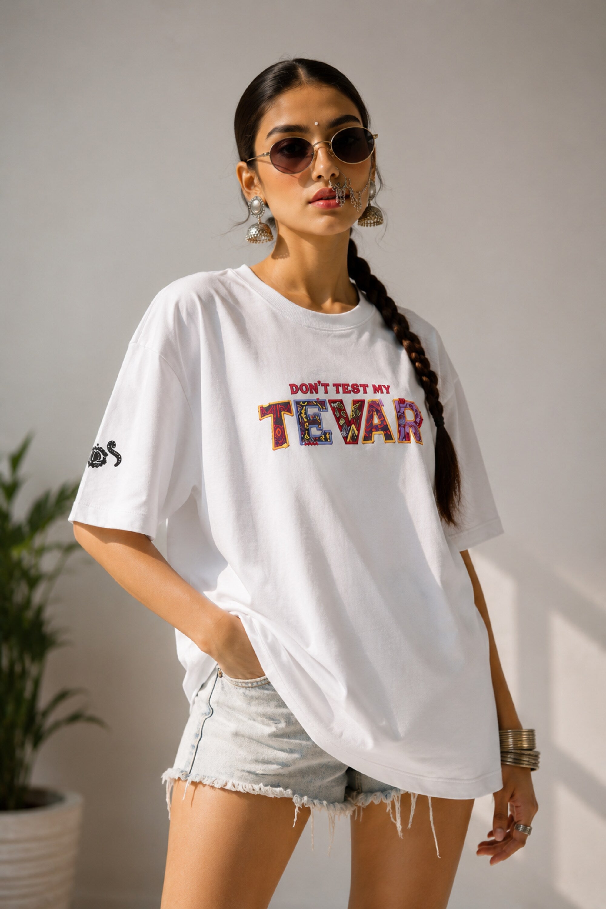 POPCASE beige oversized t shirt Dont Test My Tevar folk art colorful ornate lettering 220 GSM premium cotton DTF graphic desi streetwear tshirt
