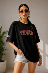 POPCASE beige oversized t shirt Dont Test My Tevar folk art colorful ornate lettering 220 GSM premium cotton DTF graphic desi streetwear tshirt - black