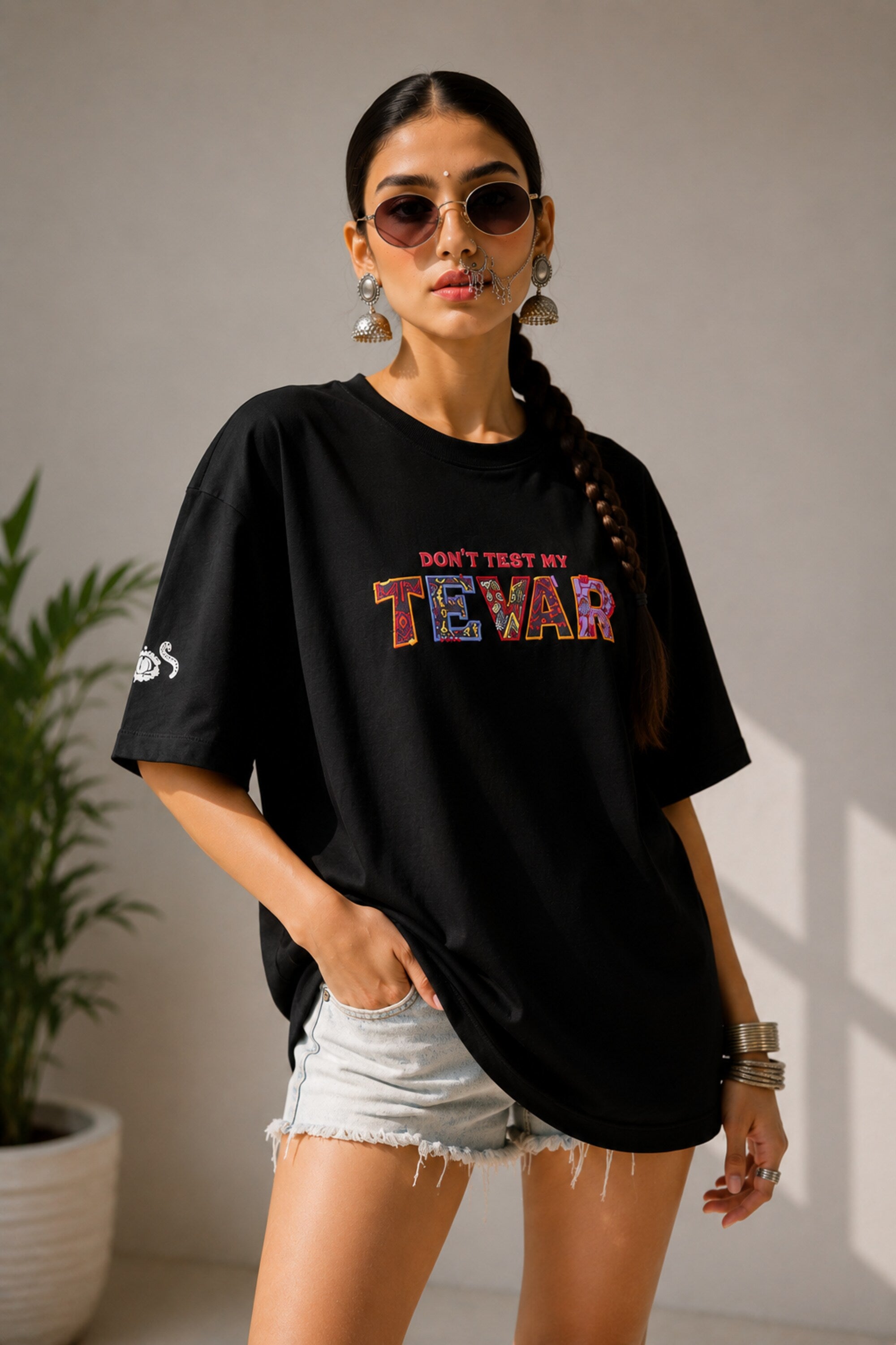 POPCASE beige oversized t shirt Dont Test My Tevar folk art colorful ornate lettering 220 GSM premium cotton DTF graphic desi streetwear tshirt - black