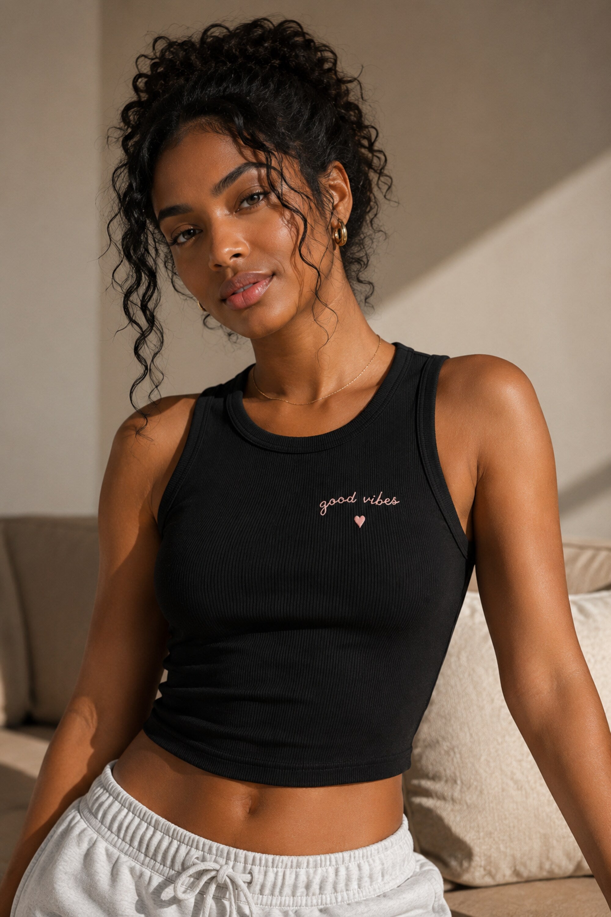 Black ribbed crop tank top with good vibes minimal embroidery and heart detail positive aesthetic women fitted sleeveless top - black