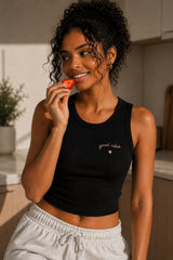 Black ribbed crop tank top with good vibes minimal embroidery and heart detail positive aesthetic women fitted sleeveless top