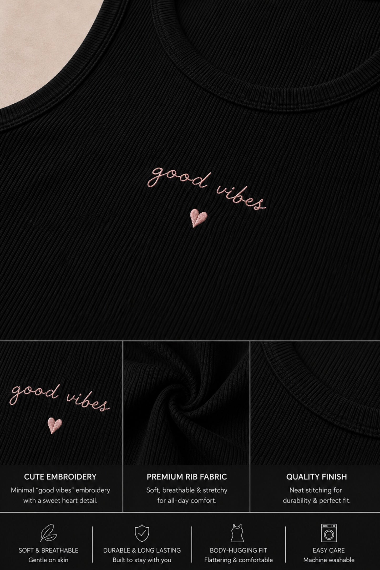 Black ribbed crop tank top with good vibes minimal embroidery and heart detail positive aesthetic women fitted sleeveless top