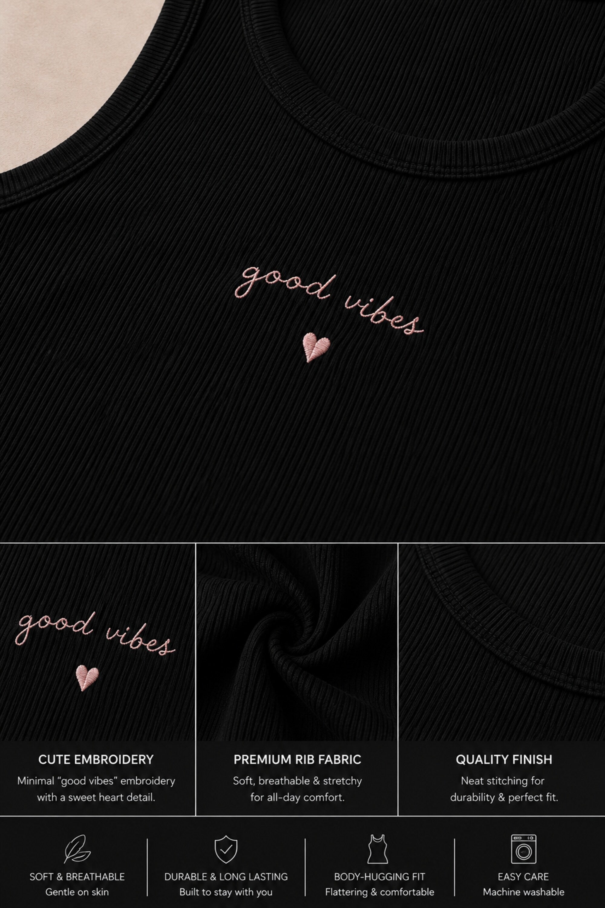 Black ribbed crop tank top with good vibes minimal embroidery and heart detail positive aesthetic women fitted sleeveless top