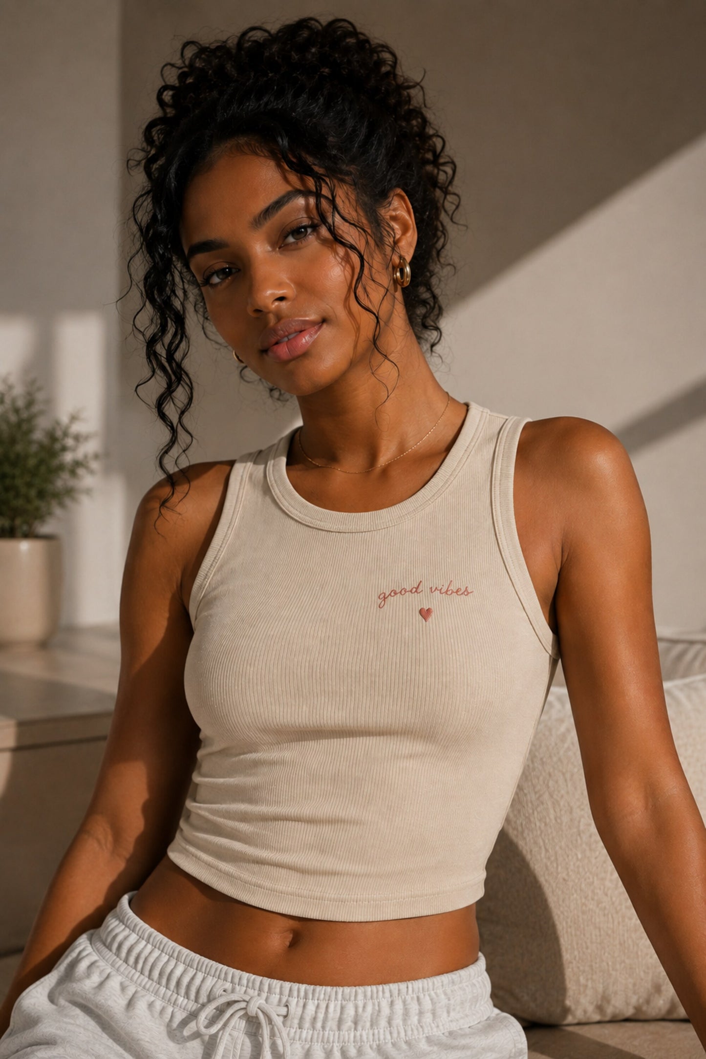 Black ribbed crop tank top with good vibes minimal embroidery and heart detail positive aesthetic women fitted sleeveless top - beige
