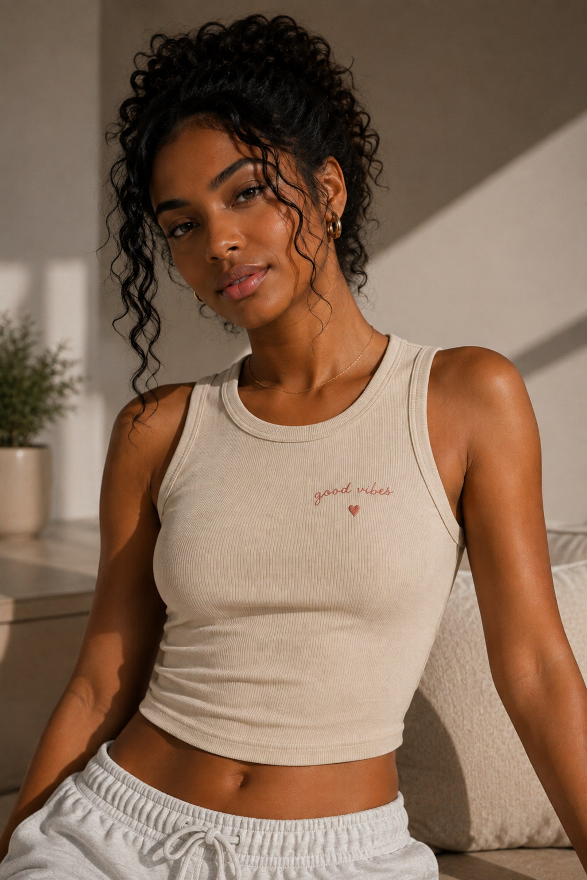 Black ribbed crop tank top with good vibes minimal embroidery and heart detail positive aesthetic women fitted sleeveless top - beige