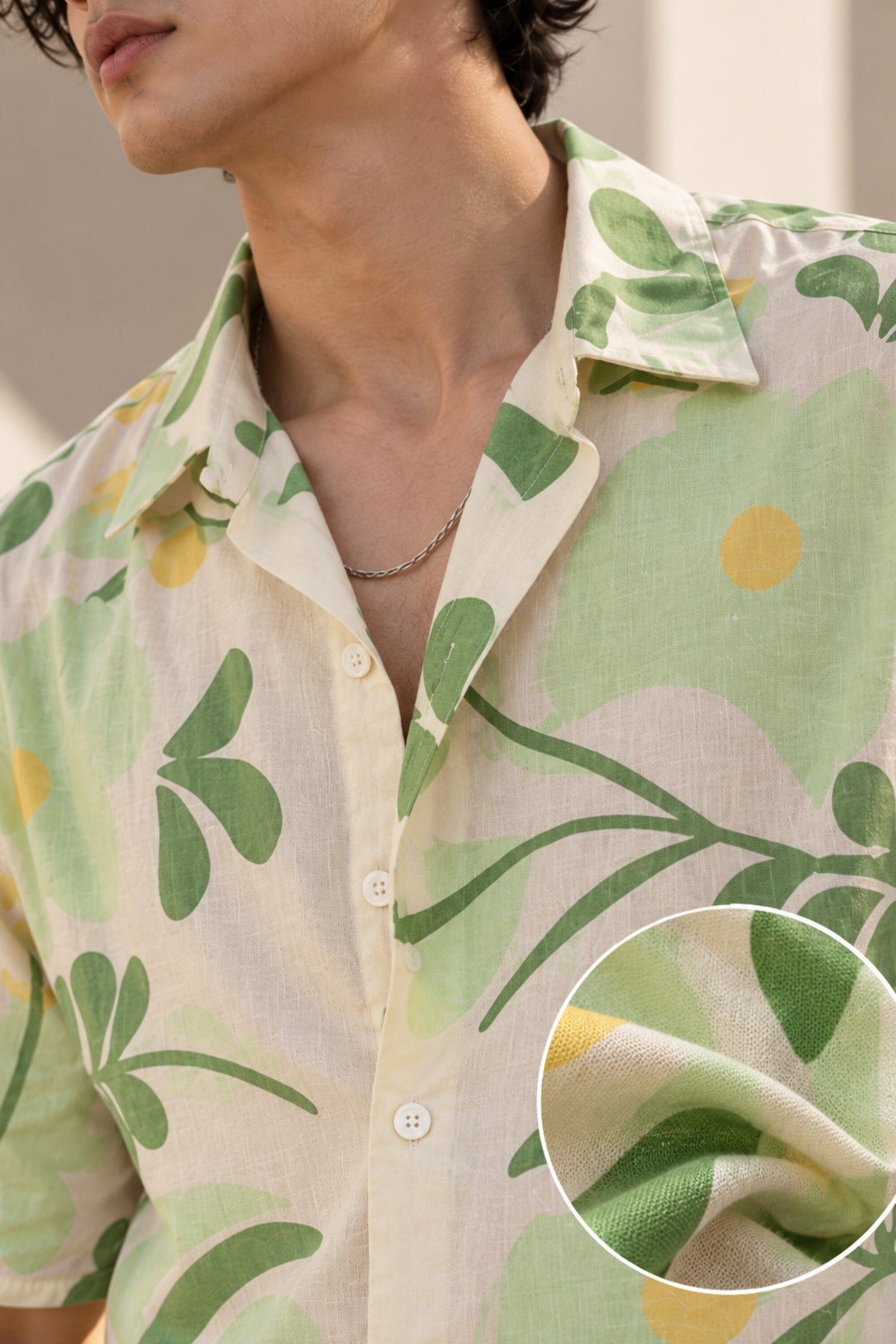 Off-white Hawaiian shirt with bold green and yellow botanical leaf art print, Cuban collar, relaxed fit, men India