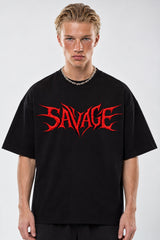 Black oversized tshirt with SAVAGE in bold red metal gothic font on chest, drop shoulder boxy fit, men India