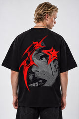 Black oversized tshirt with SAVAGE in bold red metal gothic font on chest, drop shoulder boxy fit, men India