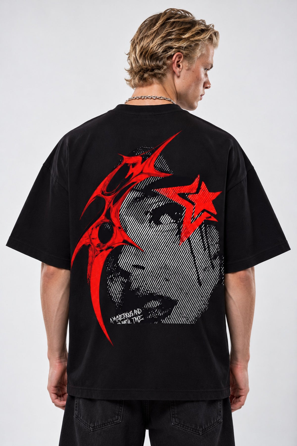 Black oversized tshirt with SAVAGE in bold red metal gothic font on chest, drop shoulder boxy fit, men India