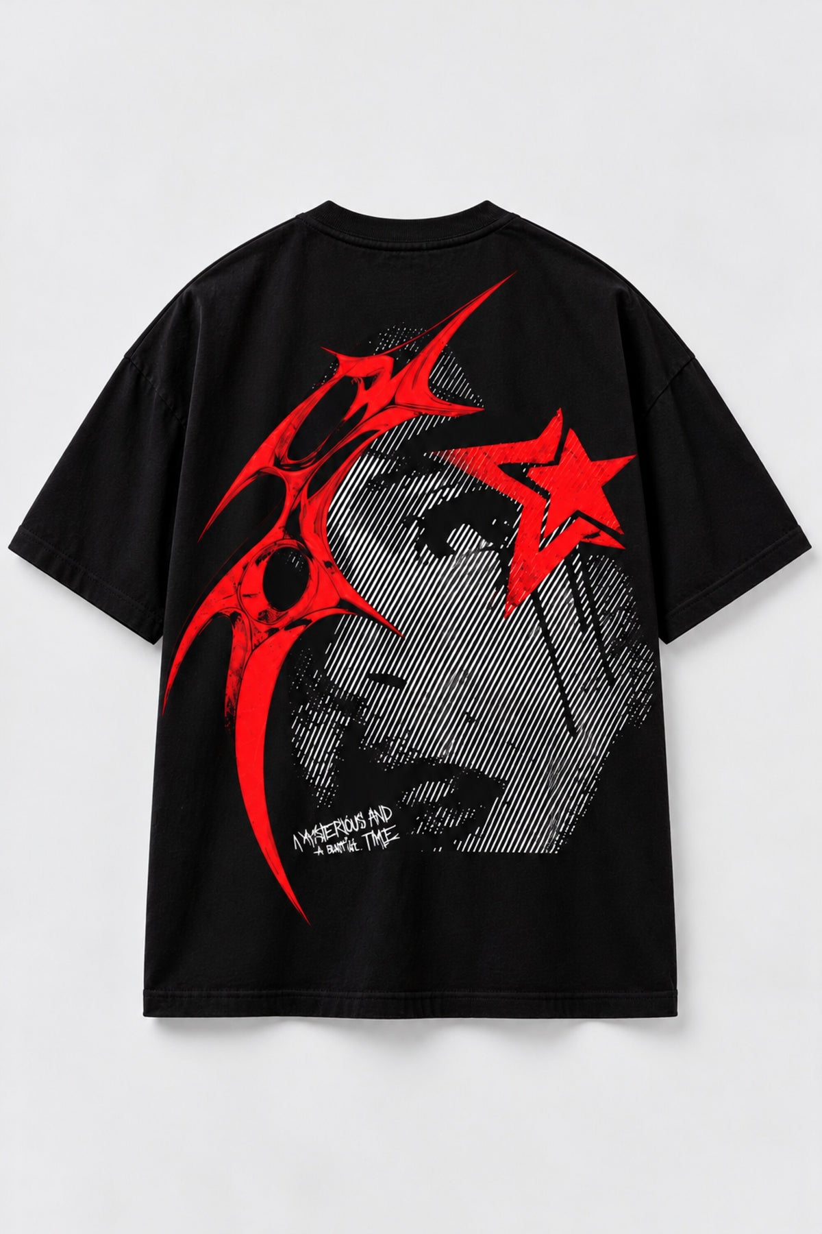 Black oversized tshirt with SAVAGE in bold red metal gothic font on chest, drop shoulder boxy fit, men India