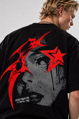 Black oversized tshirt with SAVAGE in bold red metal gothic font on chest, drop shoulder boxy fit, men India