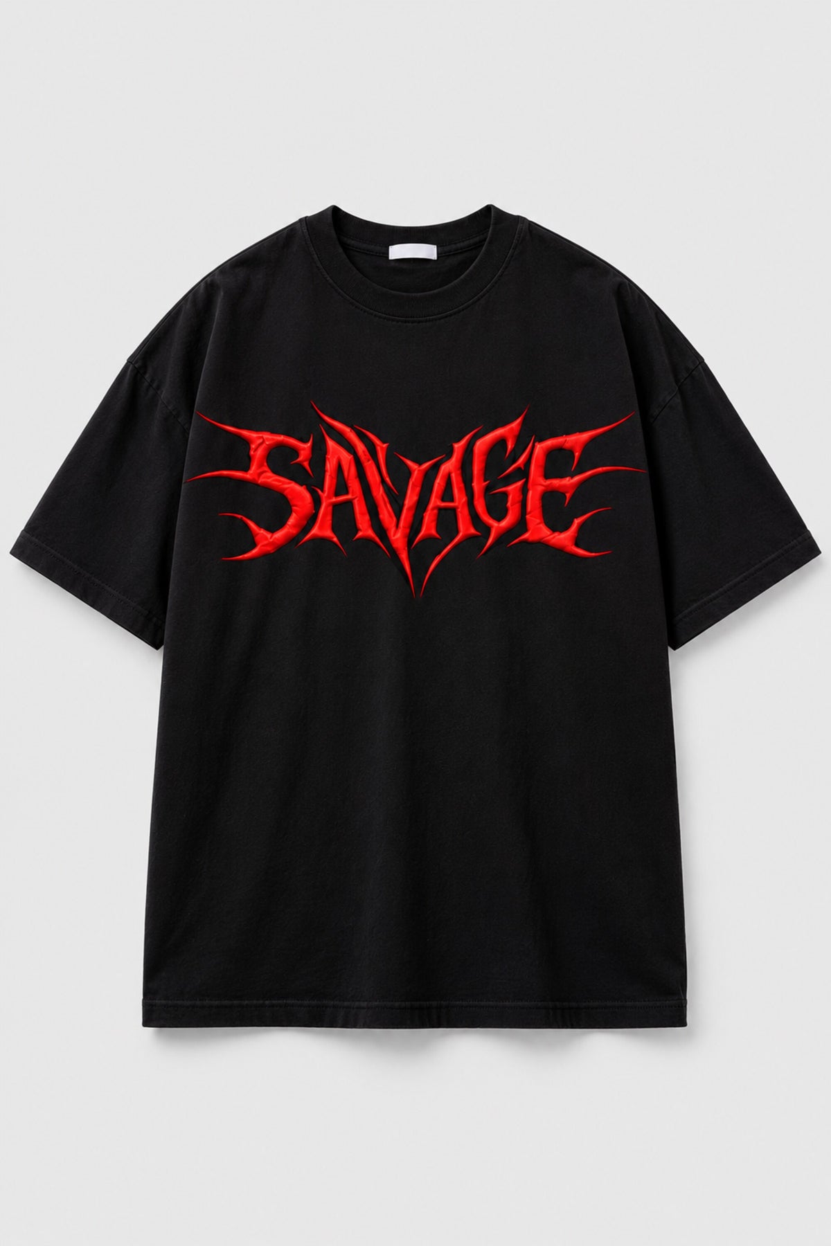 Black oversized tshirt with SAVAGE in bold red metal gothic font on chest, drop shoulder boxy fit, men India