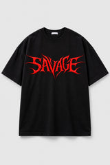 Black oversized tshirt with SAVAGE in bold red metal gothic font on chest, drop shoulder boxy fit, men India