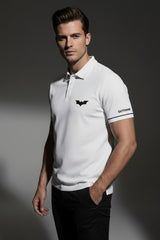 Man wearing a white Batman Gotham City Polo T-Shirt for Men 
