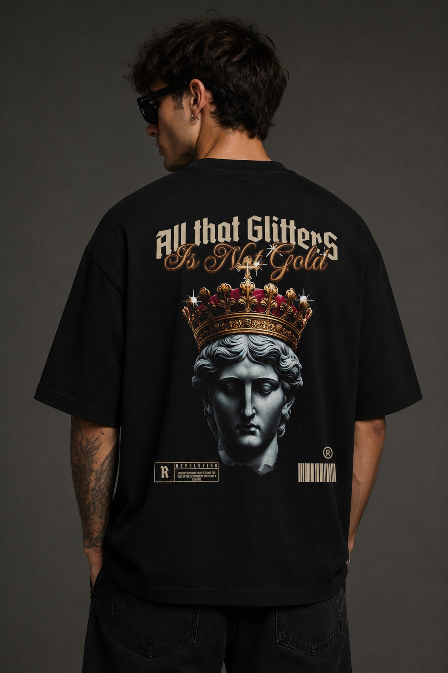 Red and white unisex oversized t shirt All That Glitters Is Not Gold gothic Roman emperor jeweled crown back graphic POPCASE streetwear