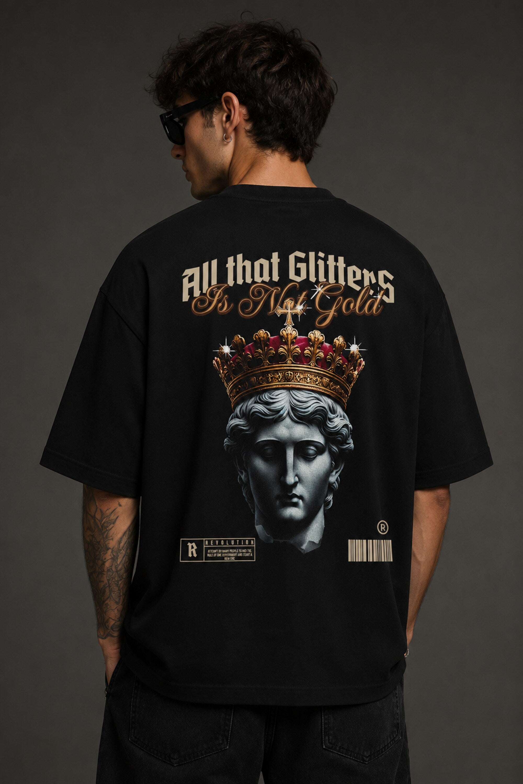 Red and white unisex oversized t shirt All That Glitters Is Not Gold gothic Roman emperor jeweled crown back graphic POPCASE streetwear