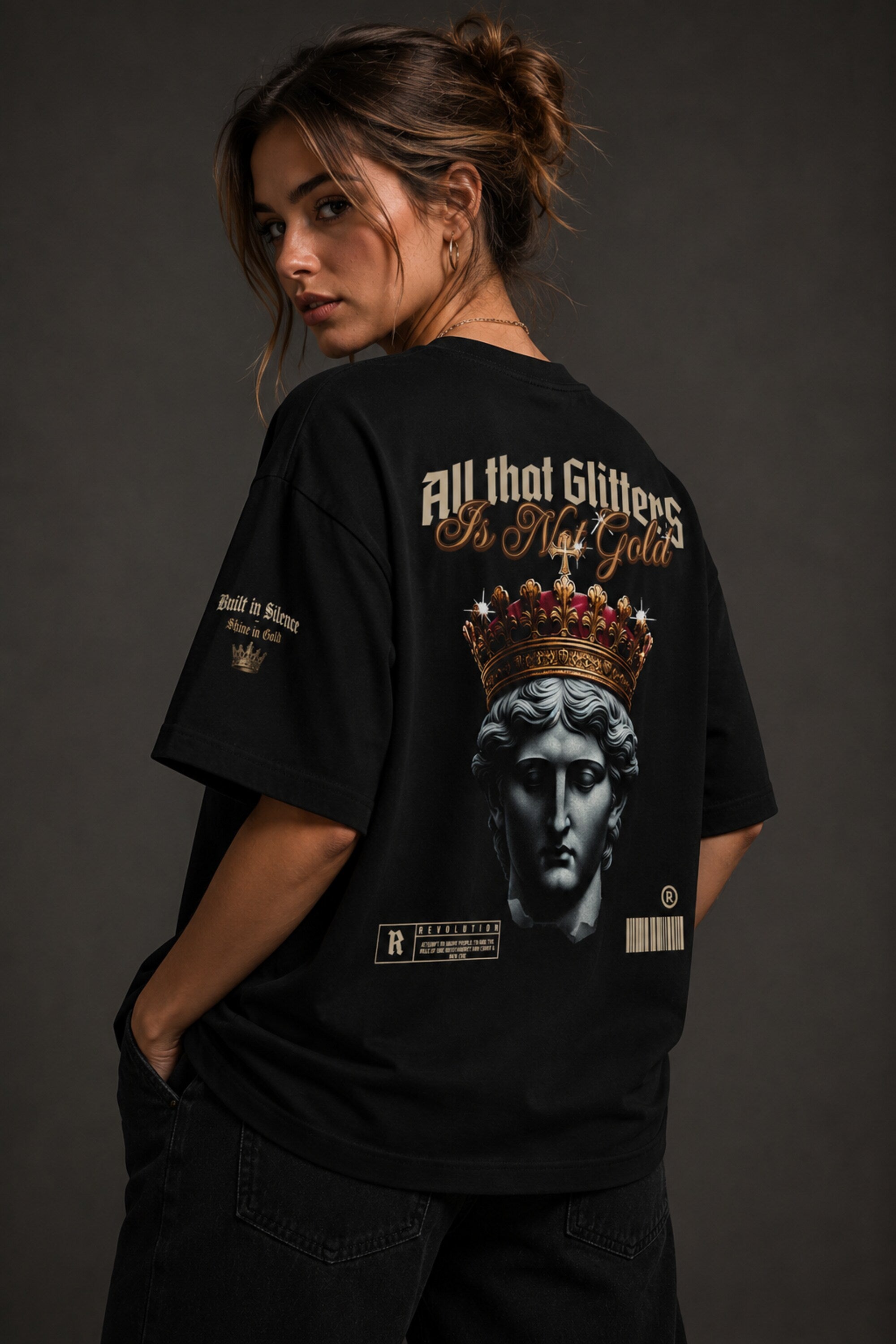 Red and white unisex oversized t shirt All That Glitters Is Not Gold gothic Roman emperor jeweled crown back graphic POPCASE streetwear