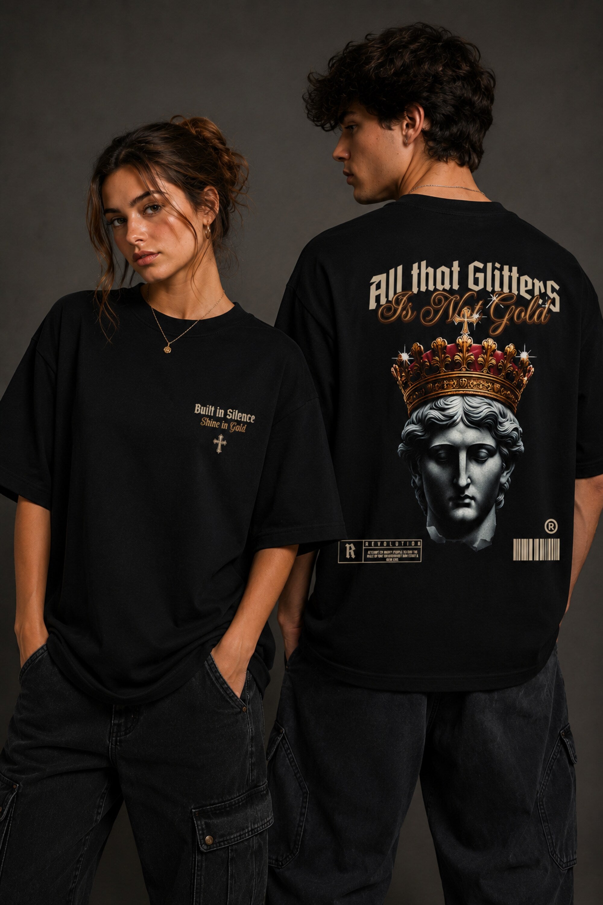 Red and white unisex oversized t shirt All That Glitters Is Not Gold gothic Roman emperor jeweled crown back graphic POPCASE streetwear - black