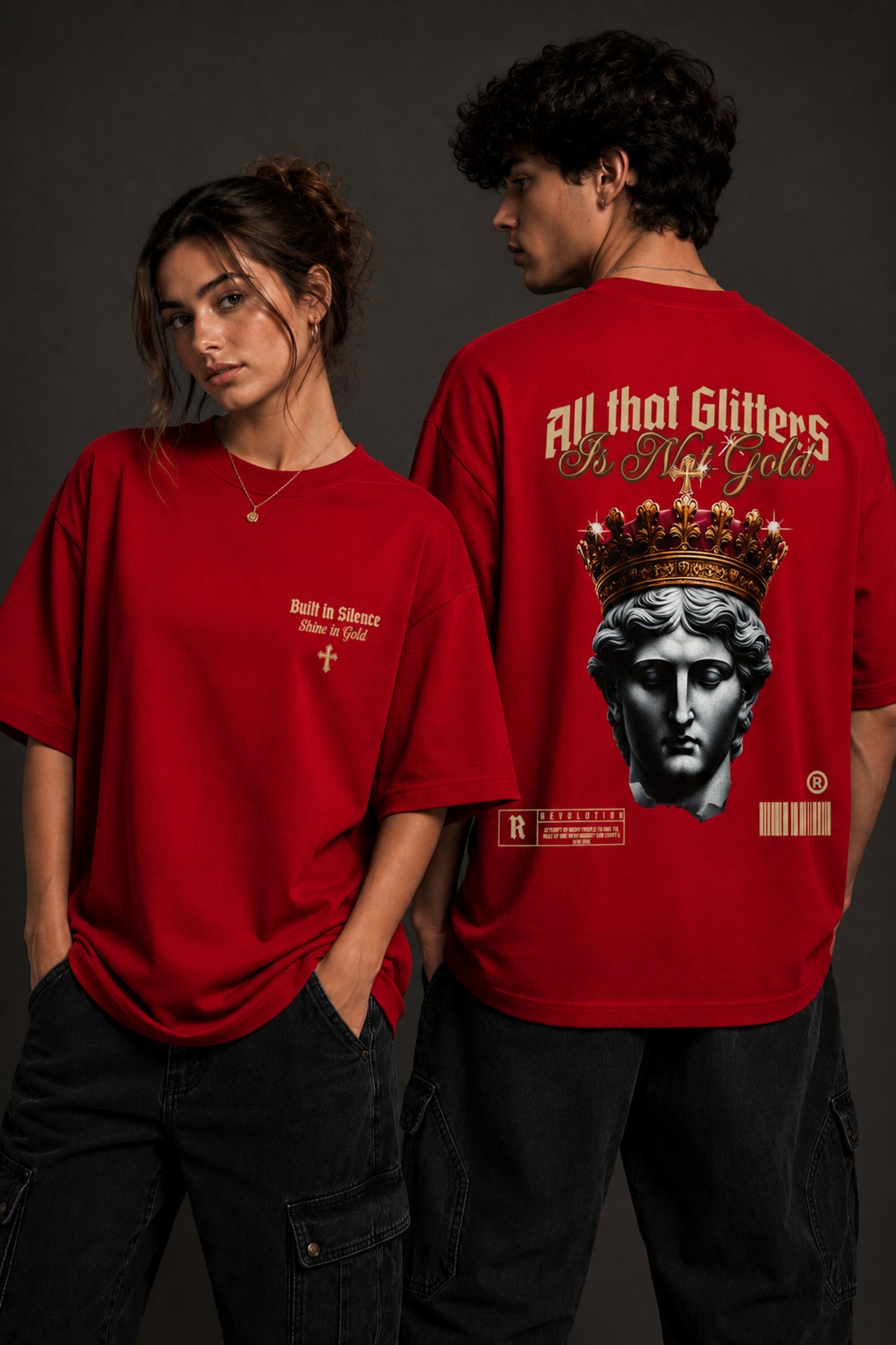 Red and white unisex oversized t shirt All That Glitters Is Not Gold gothic Roman emperor jeweled crown back graphic POPCASE streetwear - red