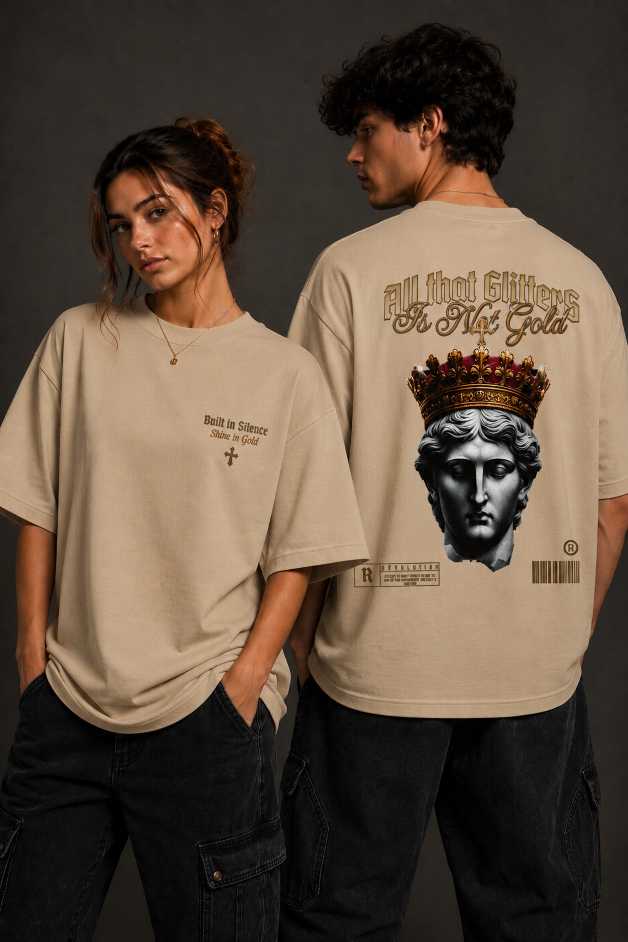 Red and white unisex oversized t shirt All That Glitters Is Not Gold gothic Roman emperor jeweled crown back graphic POPCASE streetwear - beige