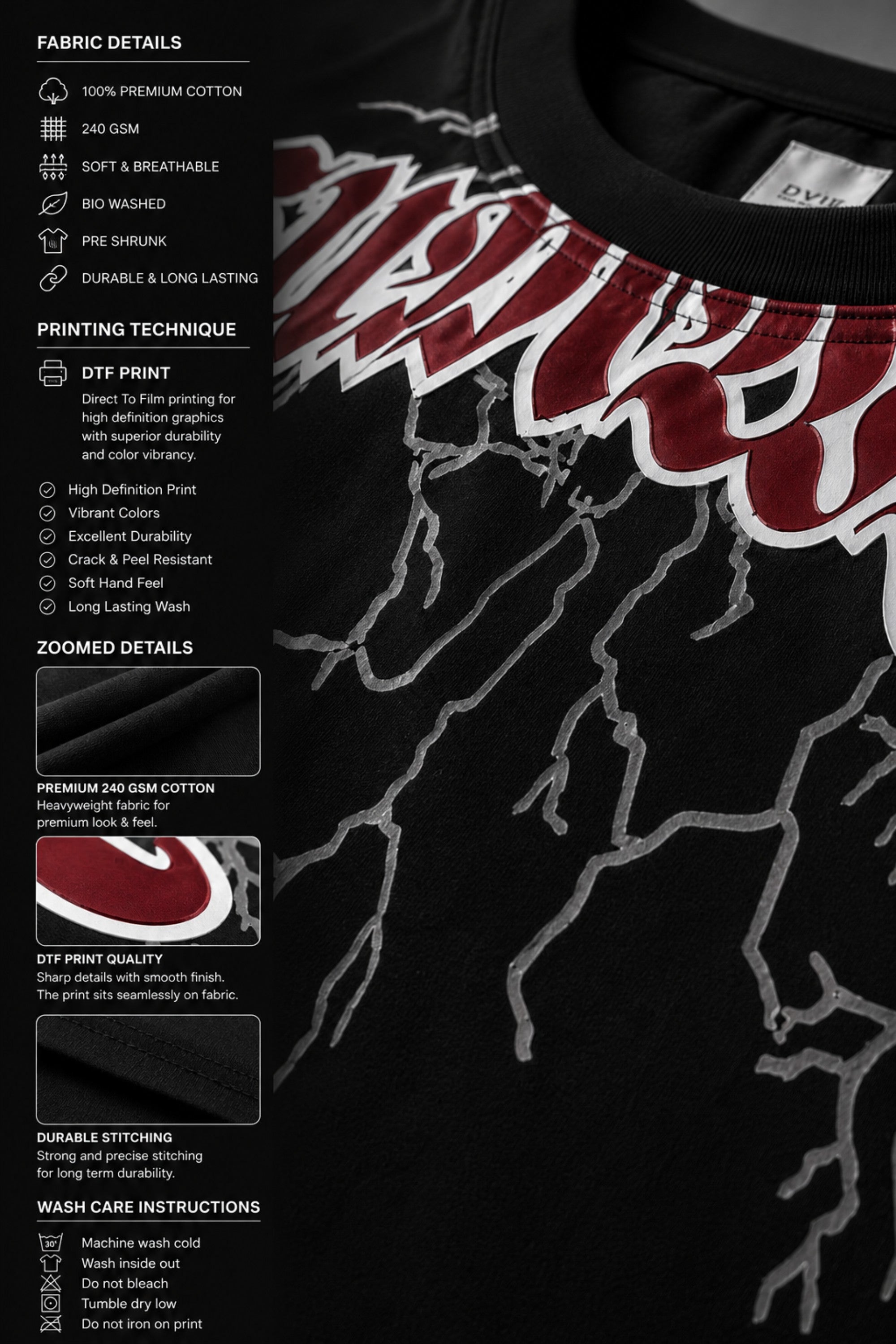 Guardian Design black oversized t-shirt with a bold red and white lightning bolt graphic print. Shot on a model, showcasing the relaxed, streetwear fit.