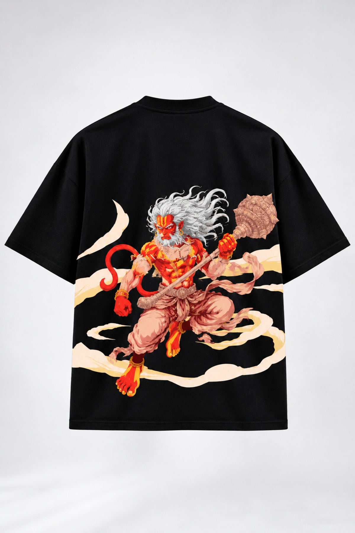 Black oversized tshirt with vibrant full-back Hanuman warrior illustration in orange red and gold, drop shoulder boxy fit, men India