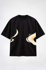 Black oversized tshirt with vibrant full-back Hanuman warrior illustration in orange red and gold, drop shoulder boxy fit, men India