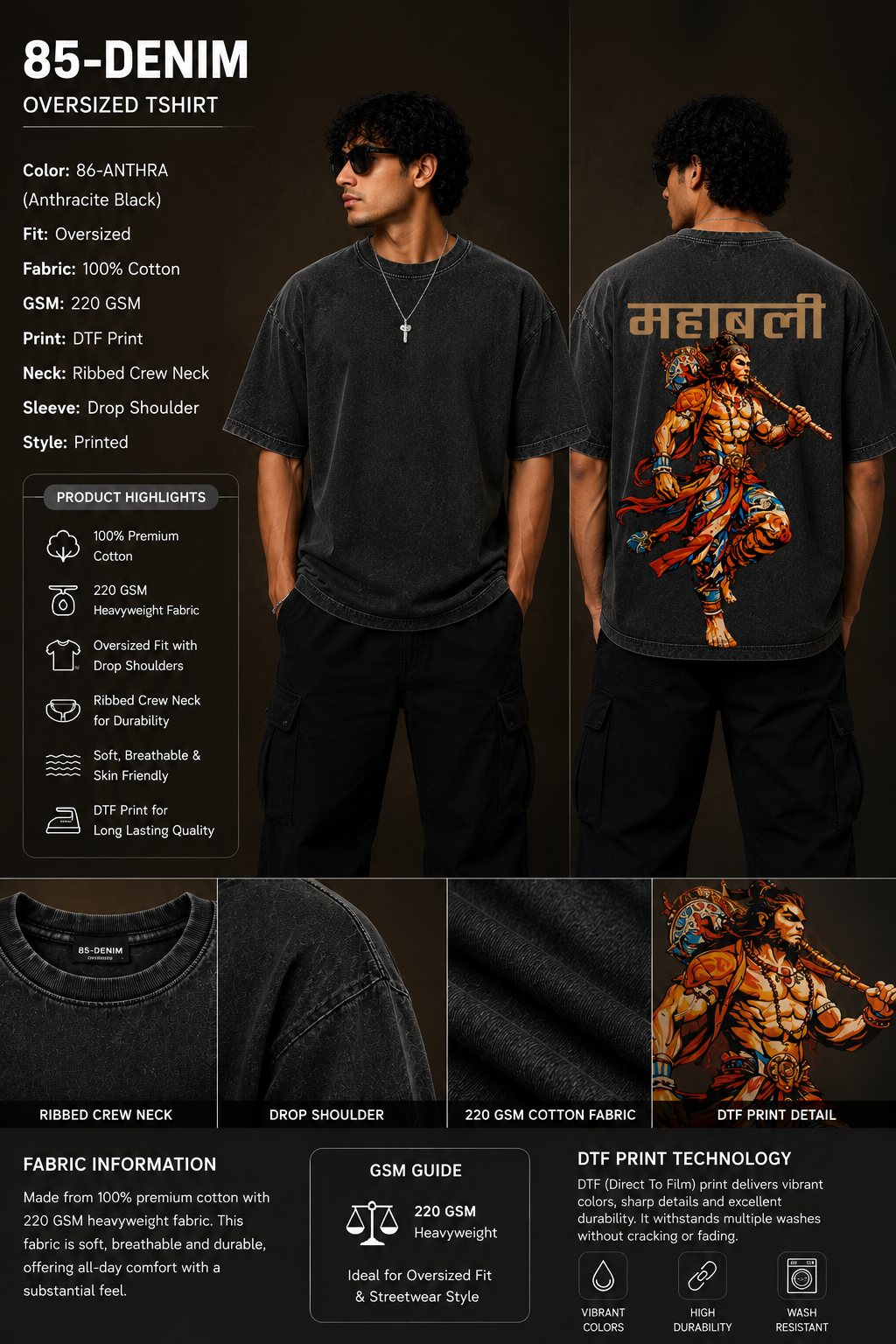 Man wearing an anthracite black 85-DENIM oversized t-shirt featuring a vibrant Hanumanji graphic print and Hindi text 'Mahabali' on the back. Styled for streetwear.