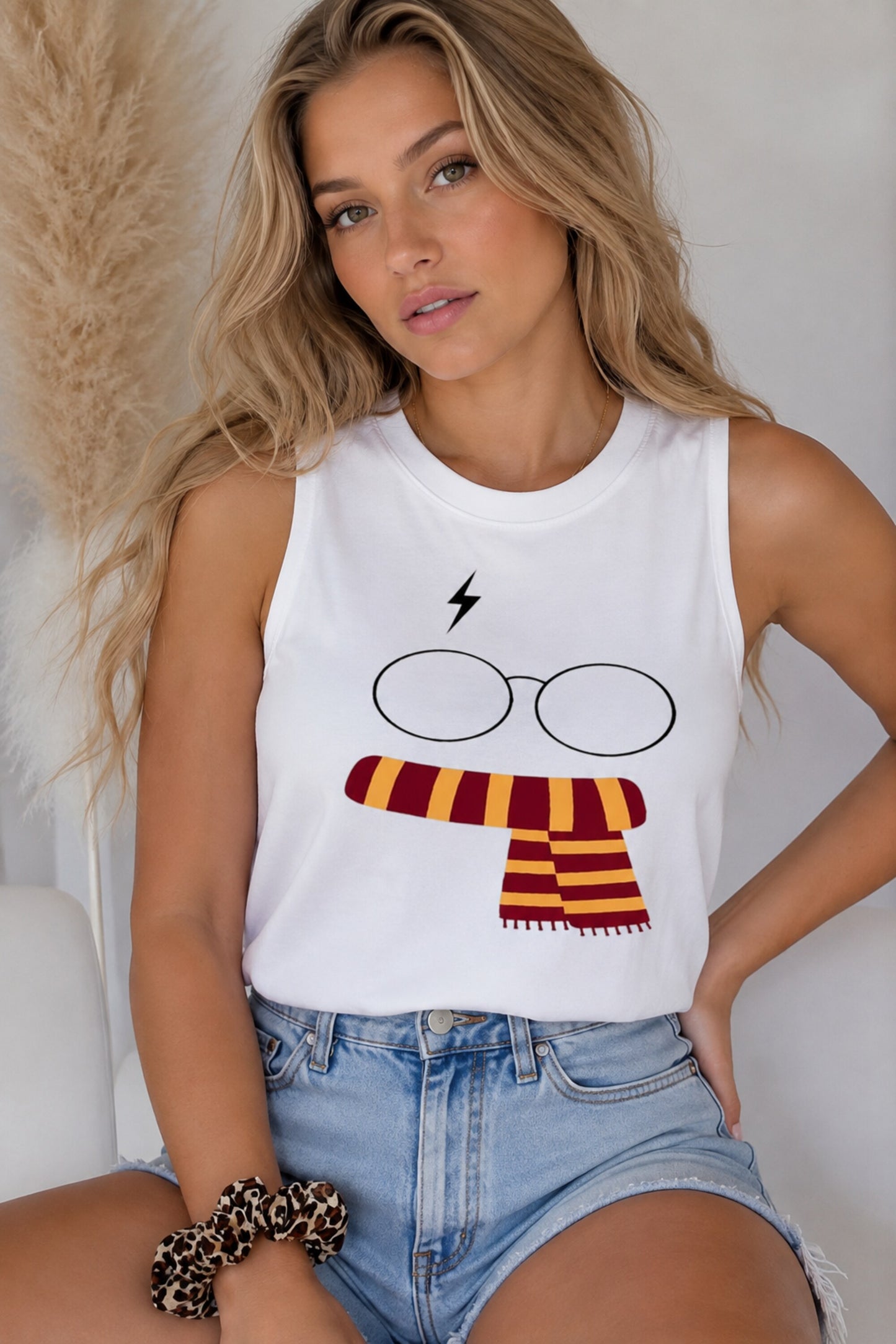White tank top with cute Harry Potter cartoon lightning bolt round glasses Gryffindor red gold striped scarf graphic 230 GSM DTF