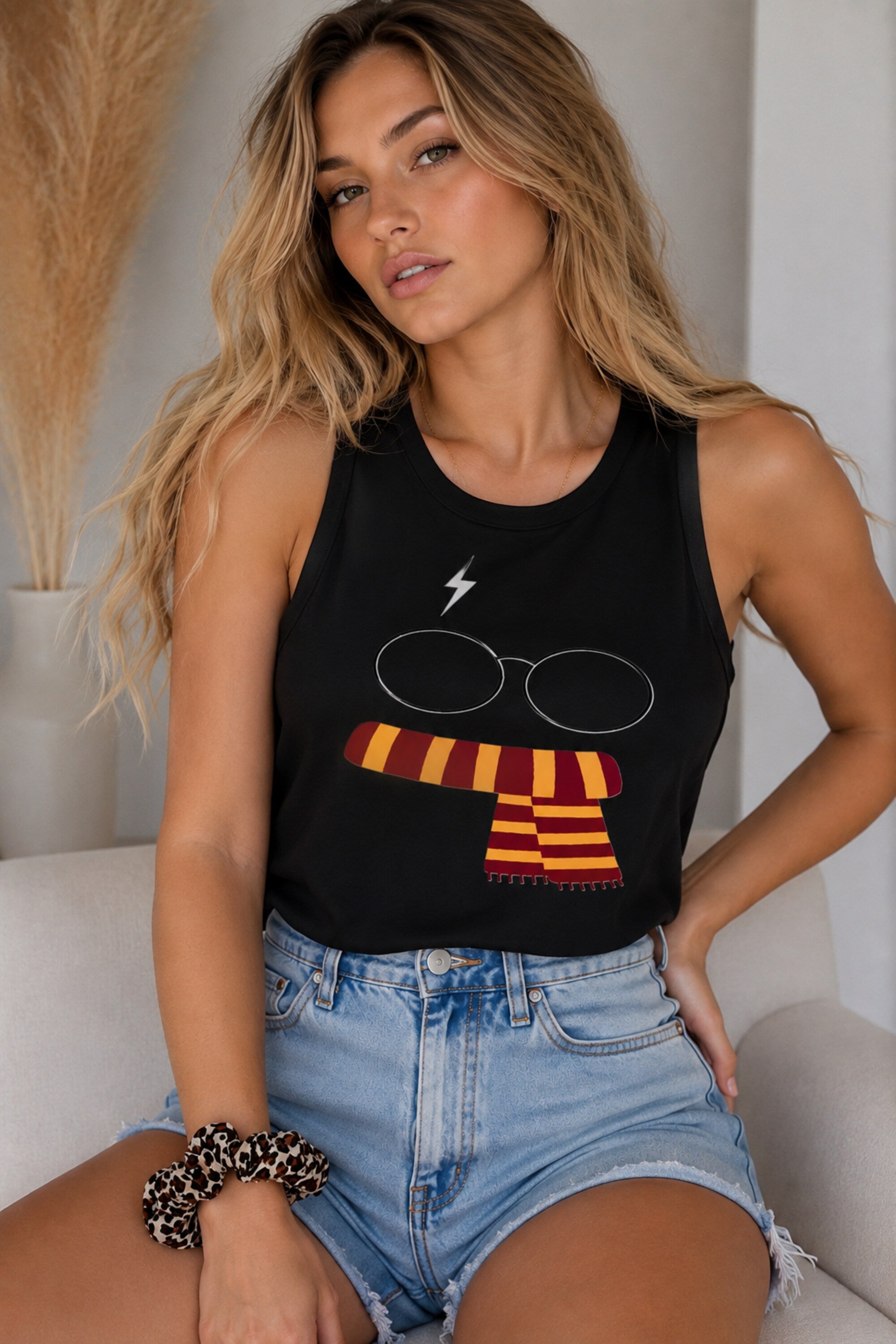 White tank top with cute Harry Potter cartoon lightning bolt round glasses Gryffindor red gold striped scarf graphic 230 GSM DTF