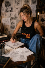 White tank top with cute Harry Potter cartoon lightning bolt round glasses Gryffindor red gold striped scarf graphic 230 GSM DTF
