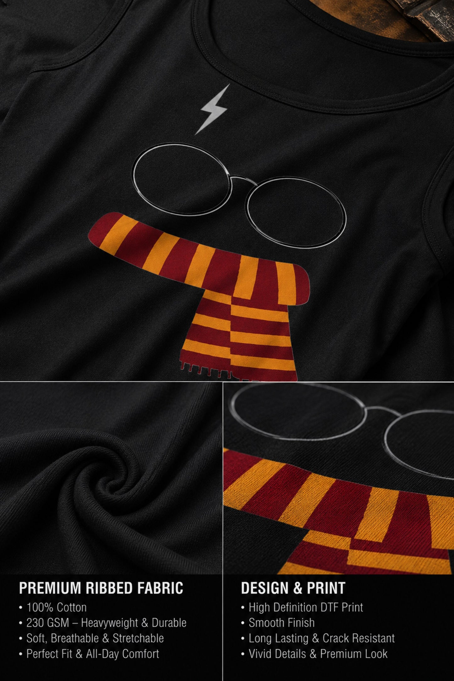 White tank top with cute Harry Potter cartoon lightning bolt round glasses Gryffindor red gold striped scarf graphic 230 GSM DTF