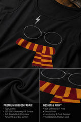 White tank top with cute Harry Potter cartoon lightning bolt round glasses Gryffindor red gold striped scarf graphic 230 GSM DTF