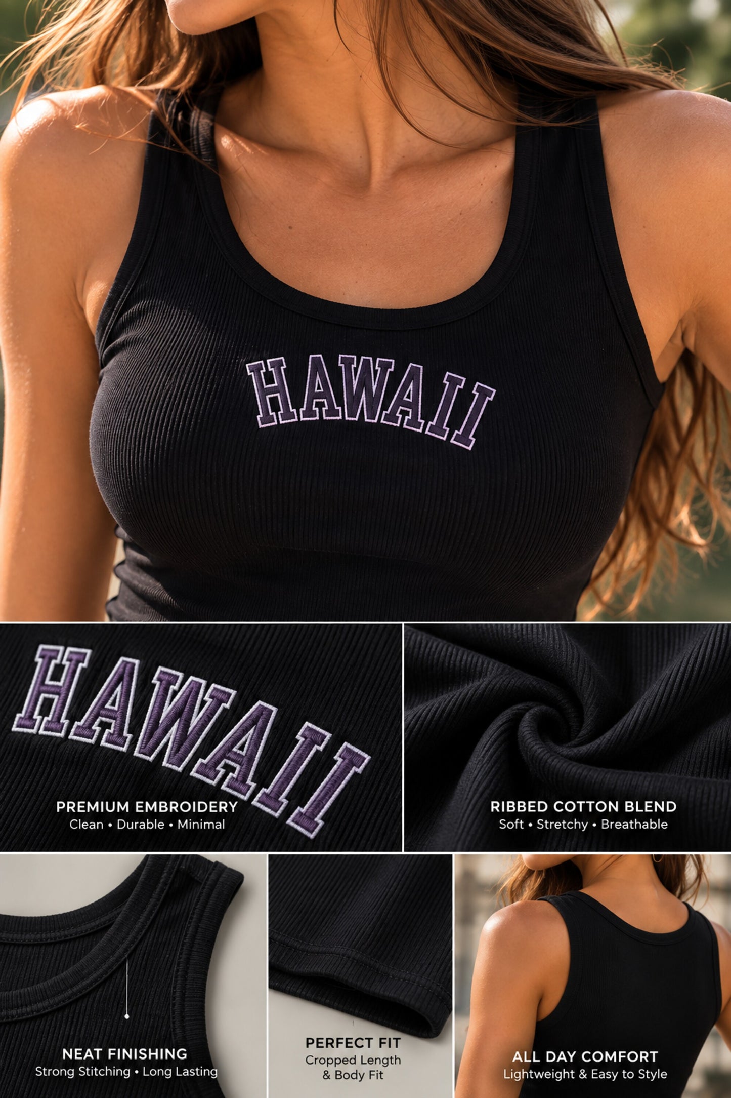 Black ribbed scoop neck crop tank top with HAWAII collegiate varsity arch text in purple and pink outline vintage Y2K destination top