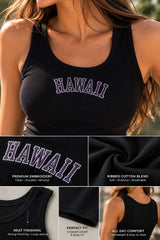 Black ribbed scoop neck crop tank top with HAWAII collegiate varsity arch text in purple and pink outline vintage Y2K destination top