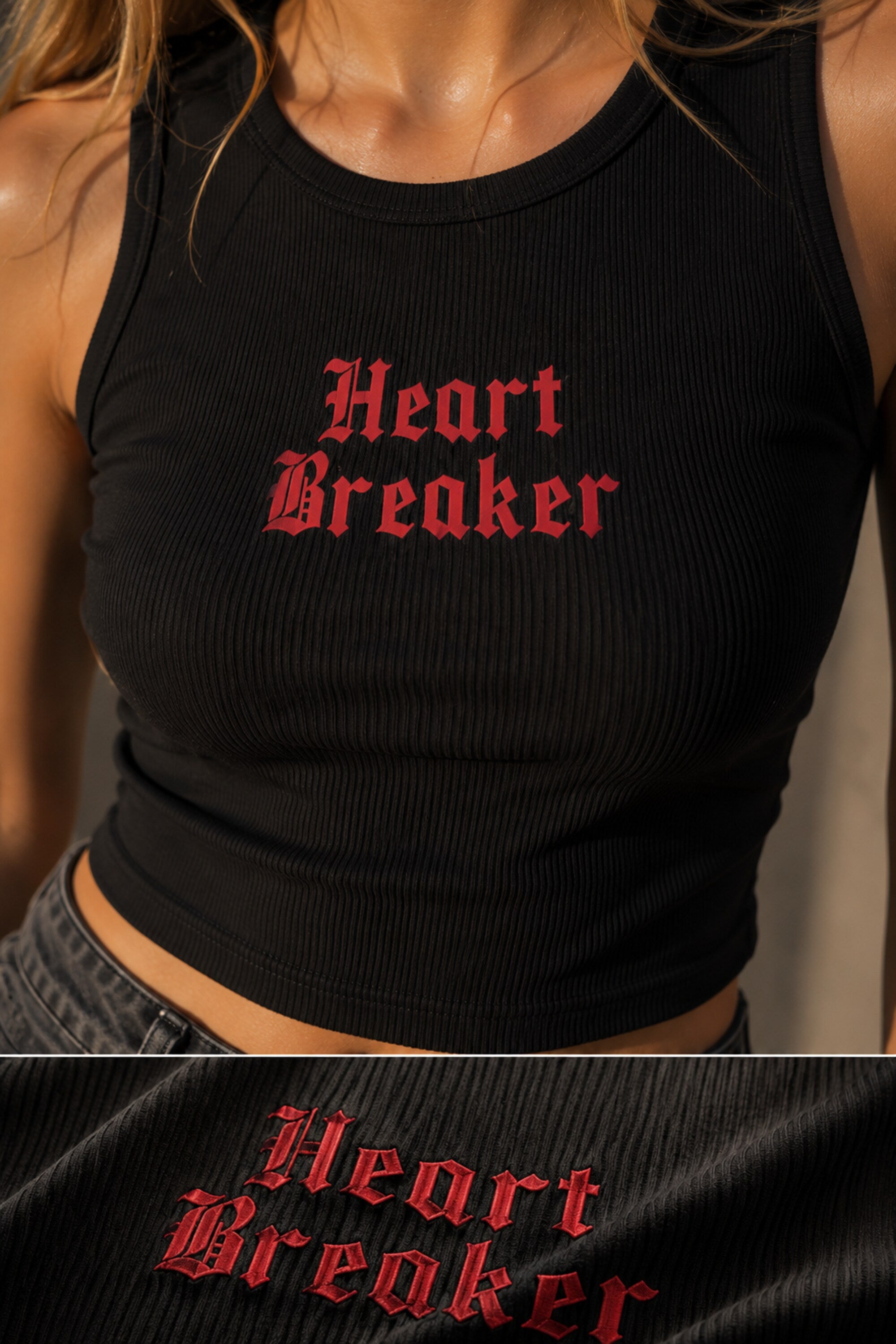 Black ribbed crop tank top with red gothic old English Heart Breaker text centered on chest