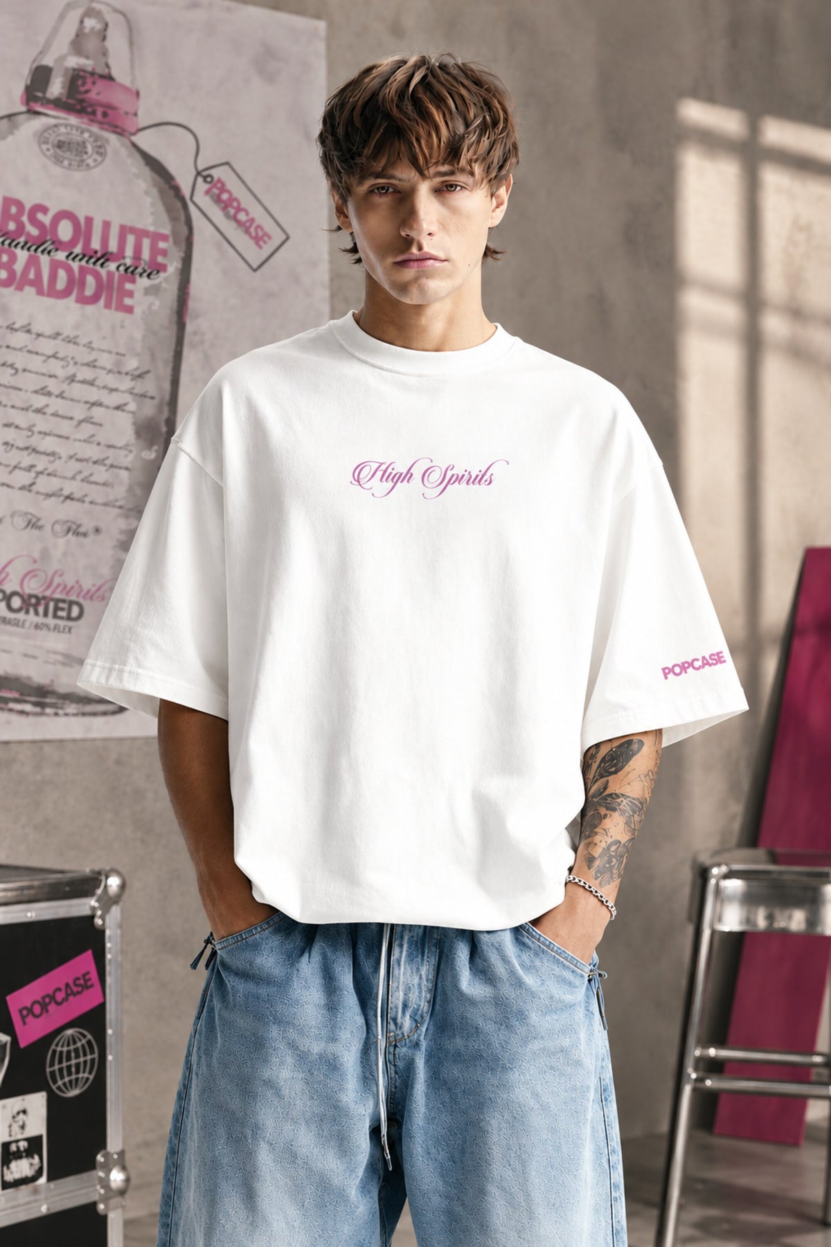 White oversized tshirt with High Spirits pink cursive front and Absolute Baddie vodka bottle back print, drop shoulder boxy fit, men India