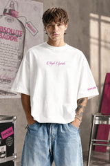 White oversized tshirt with High Spirits pink cursive front and Absolute Baddie vodka bottle back print, drop shoulder boxy fit, men India