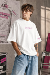 White oversized tshirt with High Spirits pink cursive front and Absolute Baddie vodka bottle back print, drop shoulder boxy fit, men India