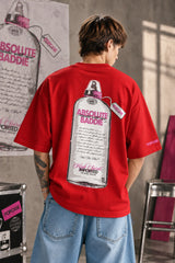 White oversized tshirt with High Spirits pink cursive front and Absolute Baddie vodka bottle back print, drop shoulder boxy fit, men India - red